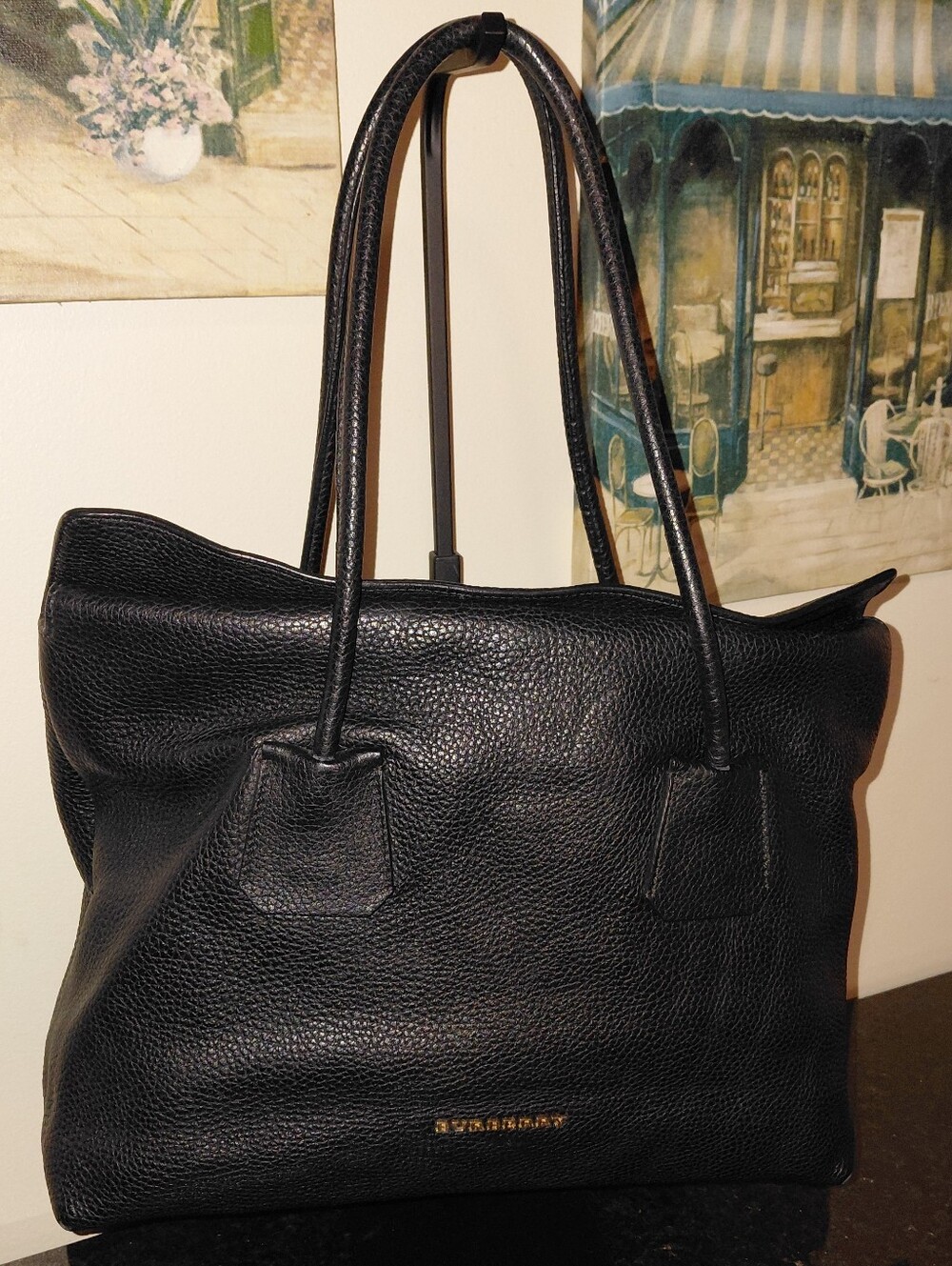 Burberry Baynard Black Pebbled Leather Tote Shoulder Bag GC!